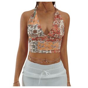 Boho Paisley Print Tie Backless Halter Top, MEDIUM, 14K-160T007